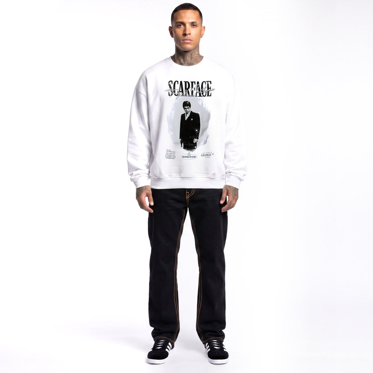 Sweatshirt Scarface — Blanc, face, porté