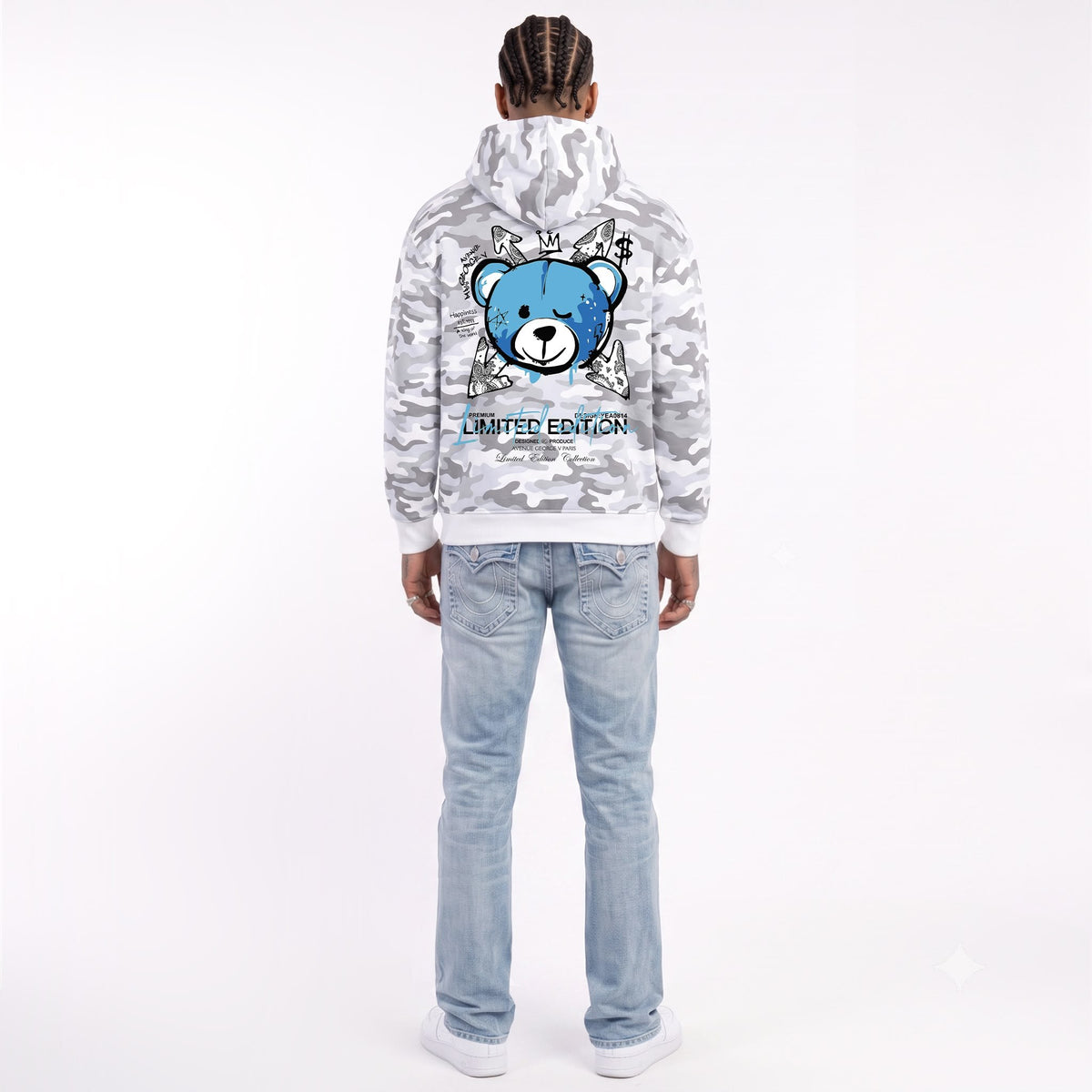 Hoodie Camo Limited Edition — Blanc/Bleu, dos, porté
