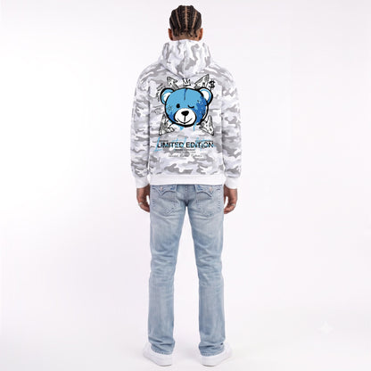 Hoodie Camo Limited Edition — Blanc/Bleu, dos, porté