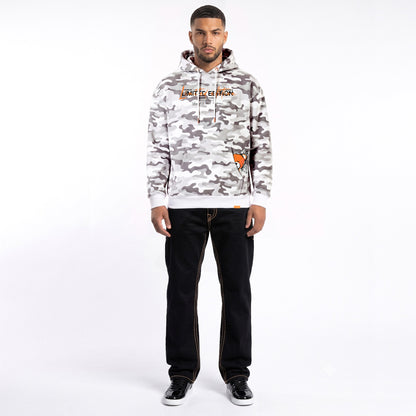 Hoodie Camo Limited Edition — Blanc/Orange, face, porté