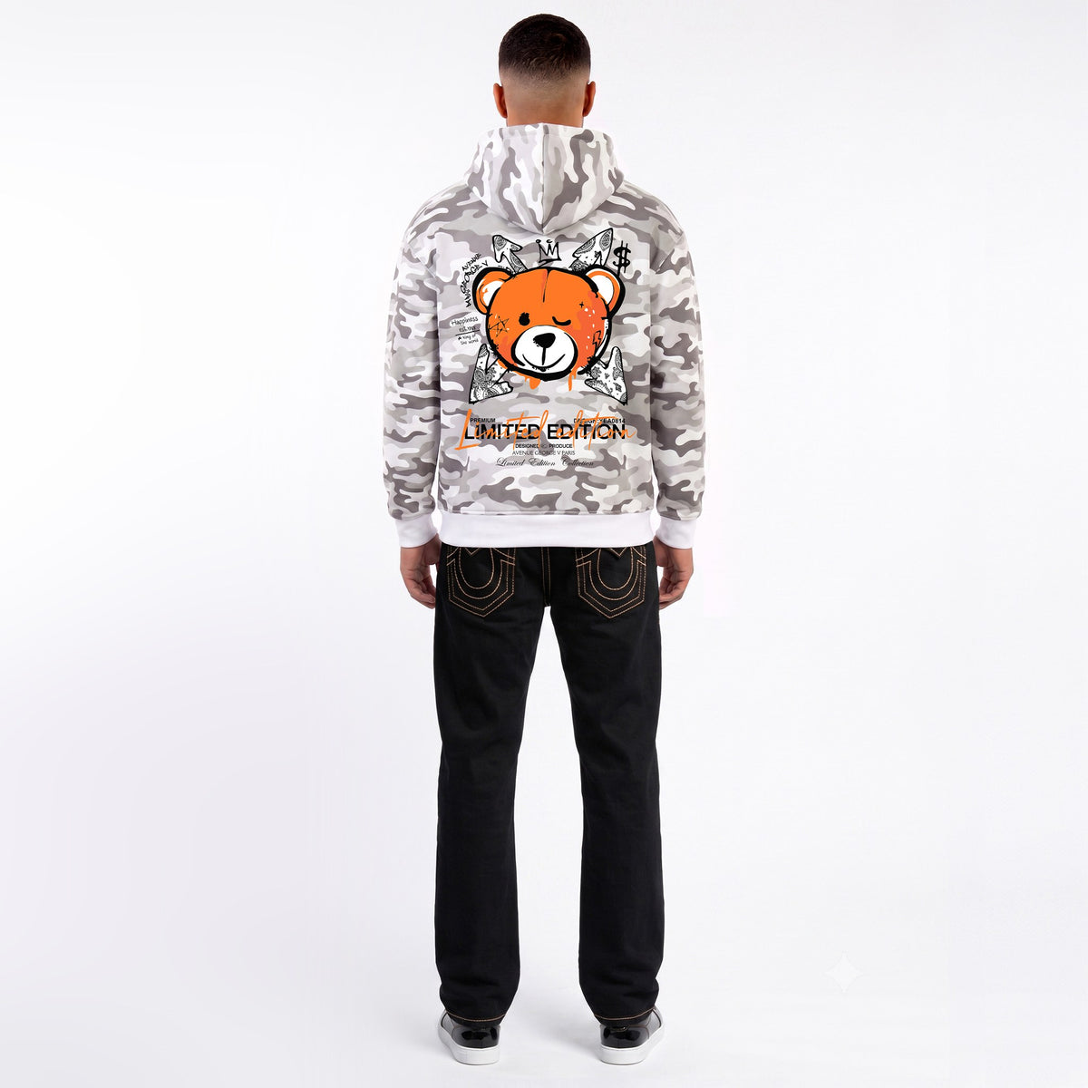 Hoodie Camo Limited Edition — Blanc/Orange, dos, porté