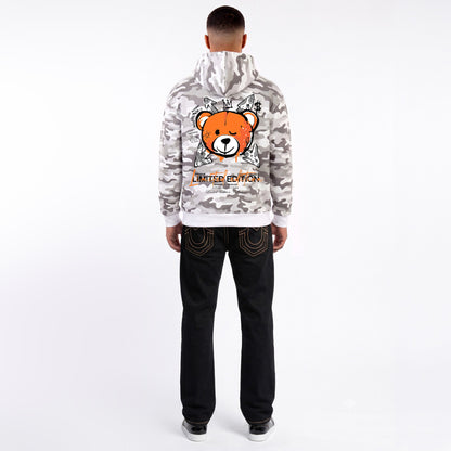 Hoodie Camo Limited Edition — Blanc/Orange, dos, porté