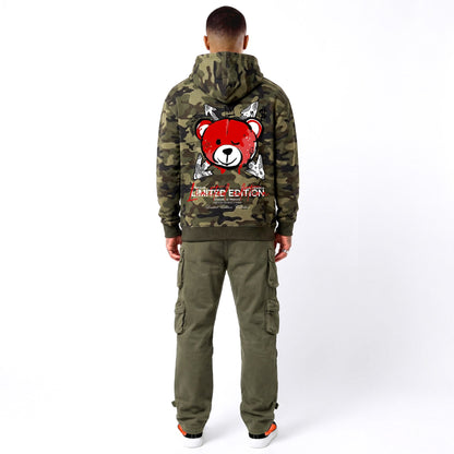 Hoodie Camo Limited Edition — Kaki/Rouge, dos, porté
