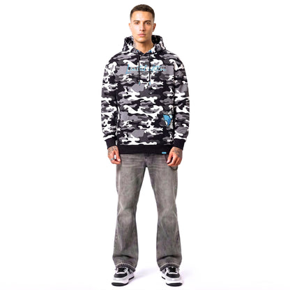 Hoodie Camo Limited Edition — Noir/Bleu, face, porté