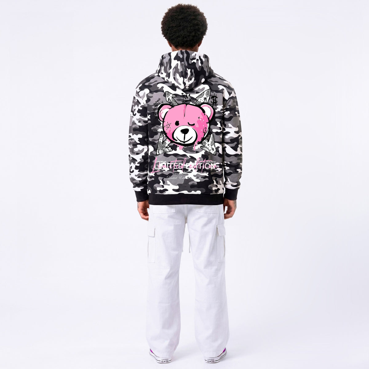 Hoodie Camo Limited Edition — Noir/Rose, dos, porté