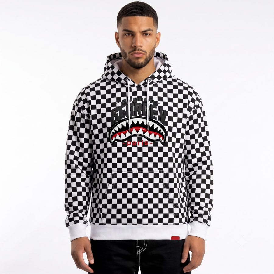 Hoodie Monster Checker — Blanc, face