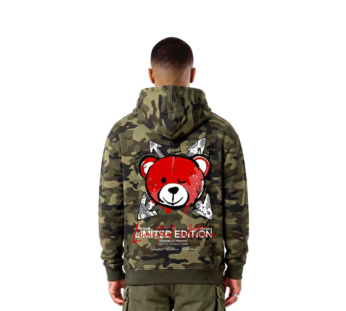 Hoodie Camo Limited Edition kaki, ours rouge, vu de dos